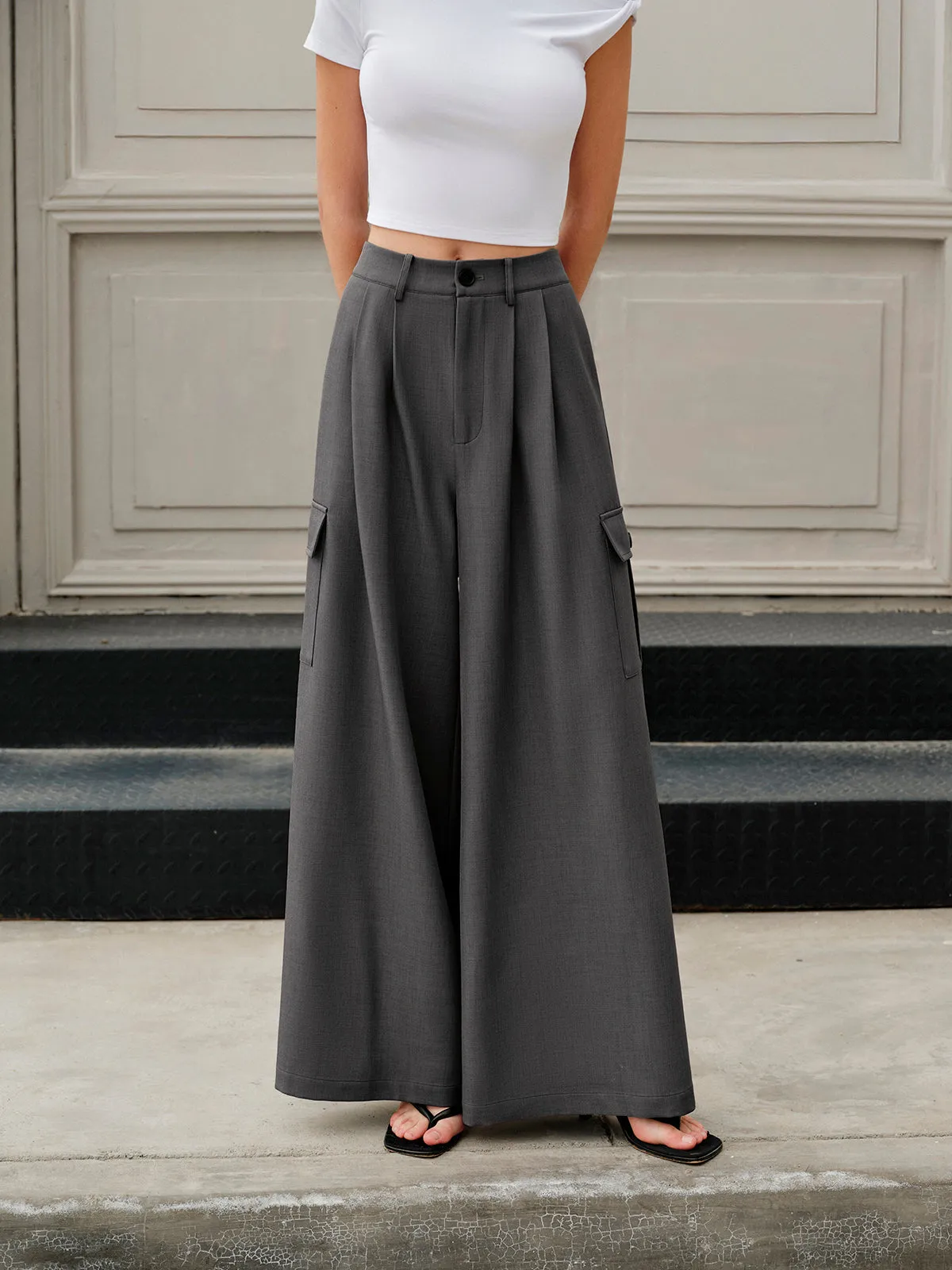 Mid-Waist Pockets Wide-Leg Pants sold by COMMENSE product image thumbnail 4