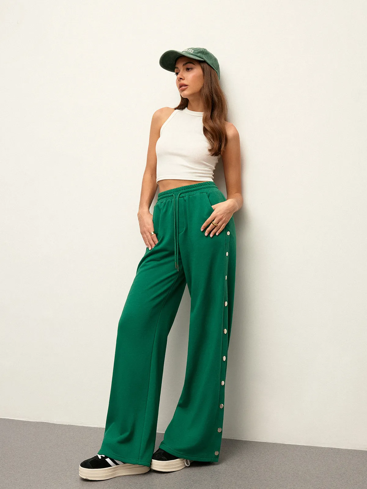 Mid-Waist Drawstring Sweatpants With Button Side Detail sold by COMMENSE product image thumbnail 2