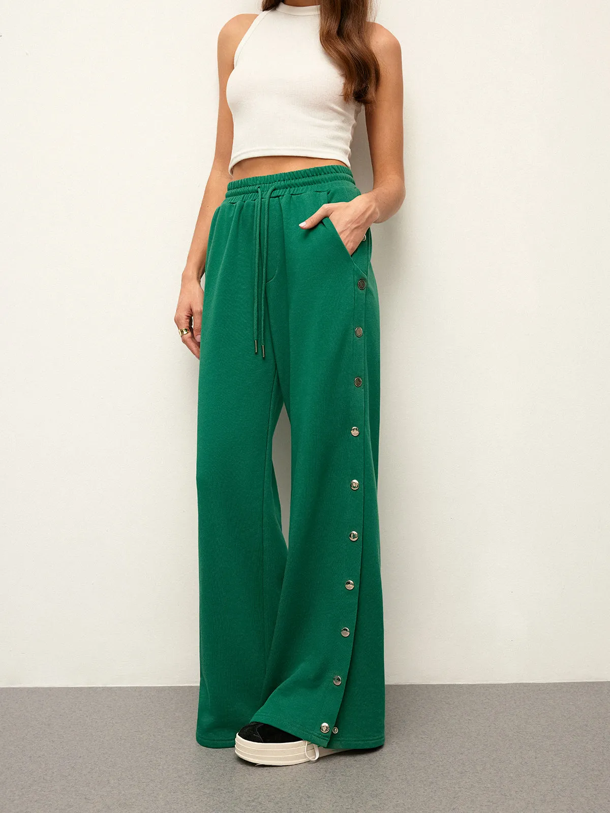 Mid-Waist Drawstring Sweatpants With Button Side Detail sold by COMMENSE product image thumbnail 3