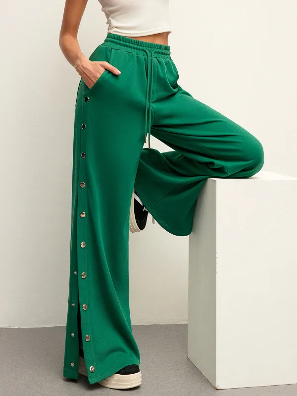 Mid-Waist Drawstring Sweatpants With Button Side Detail sold by COMMENSE