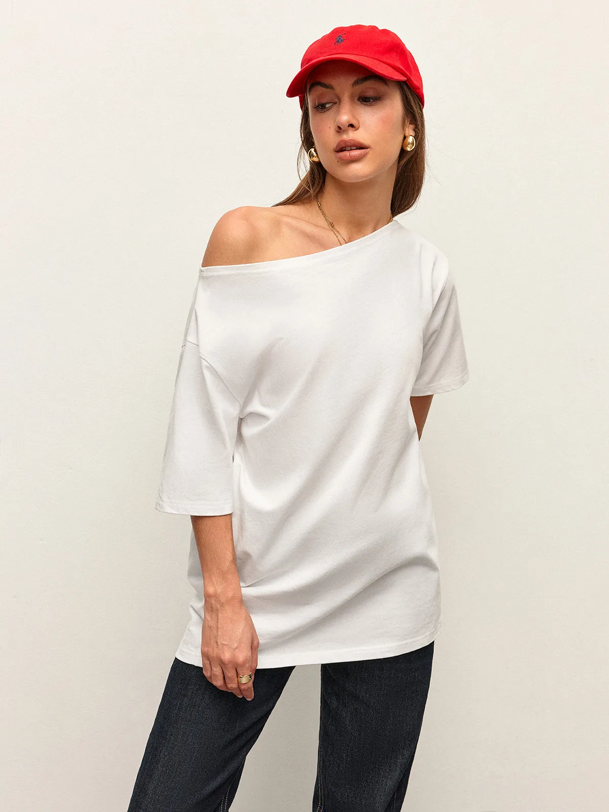 Cotton Off-Shoulder T-Shirt sold by COMMENSE product image thumbnail 4