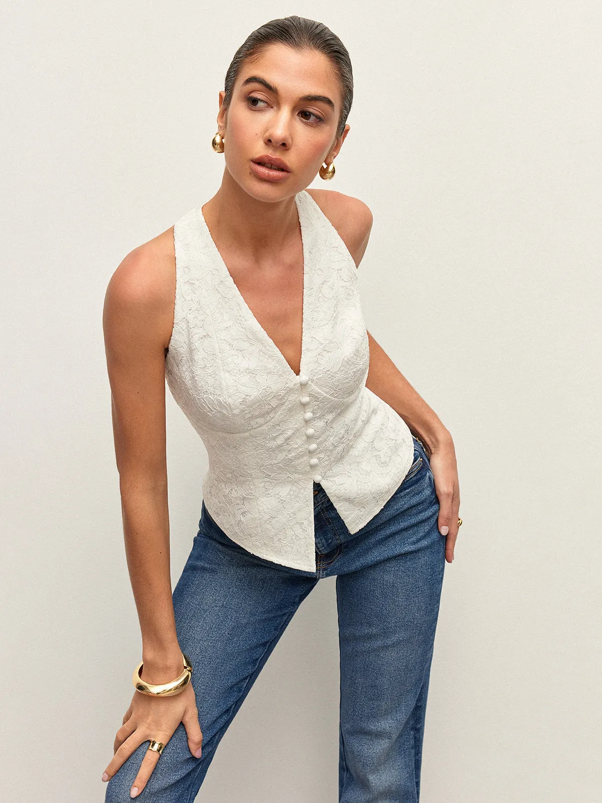 Lace Button Detail Halter Top sold by COMMENSE product image thumbnail 4