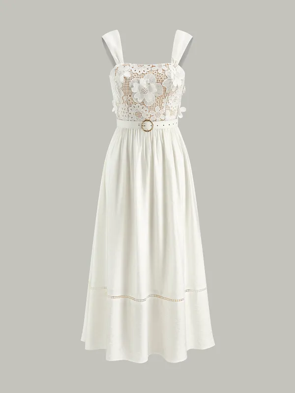 Cotton Floral Lace Belted Dress sold by COMMENSE