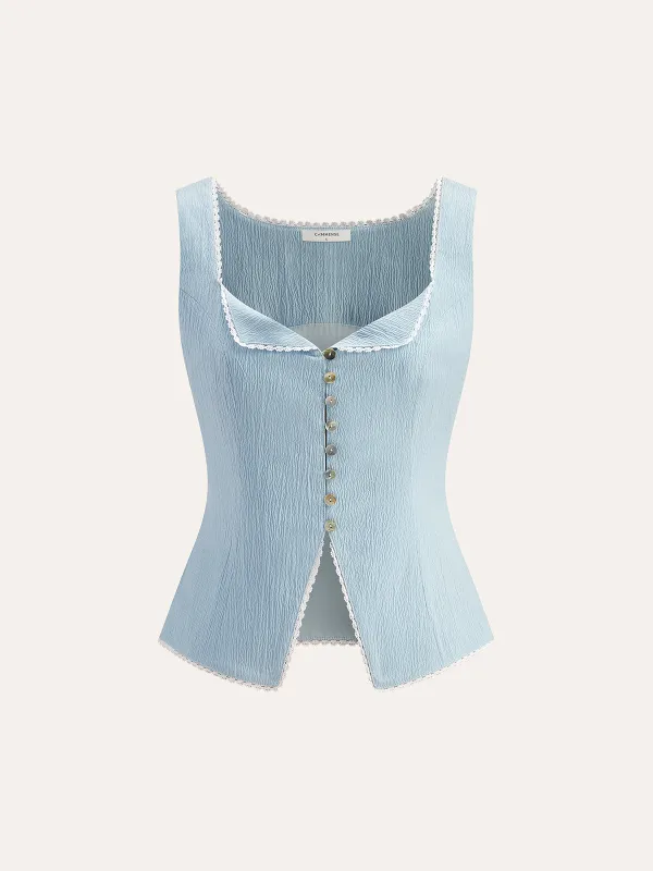 Button-Front Lace Trimmed Top made by COMMENSE