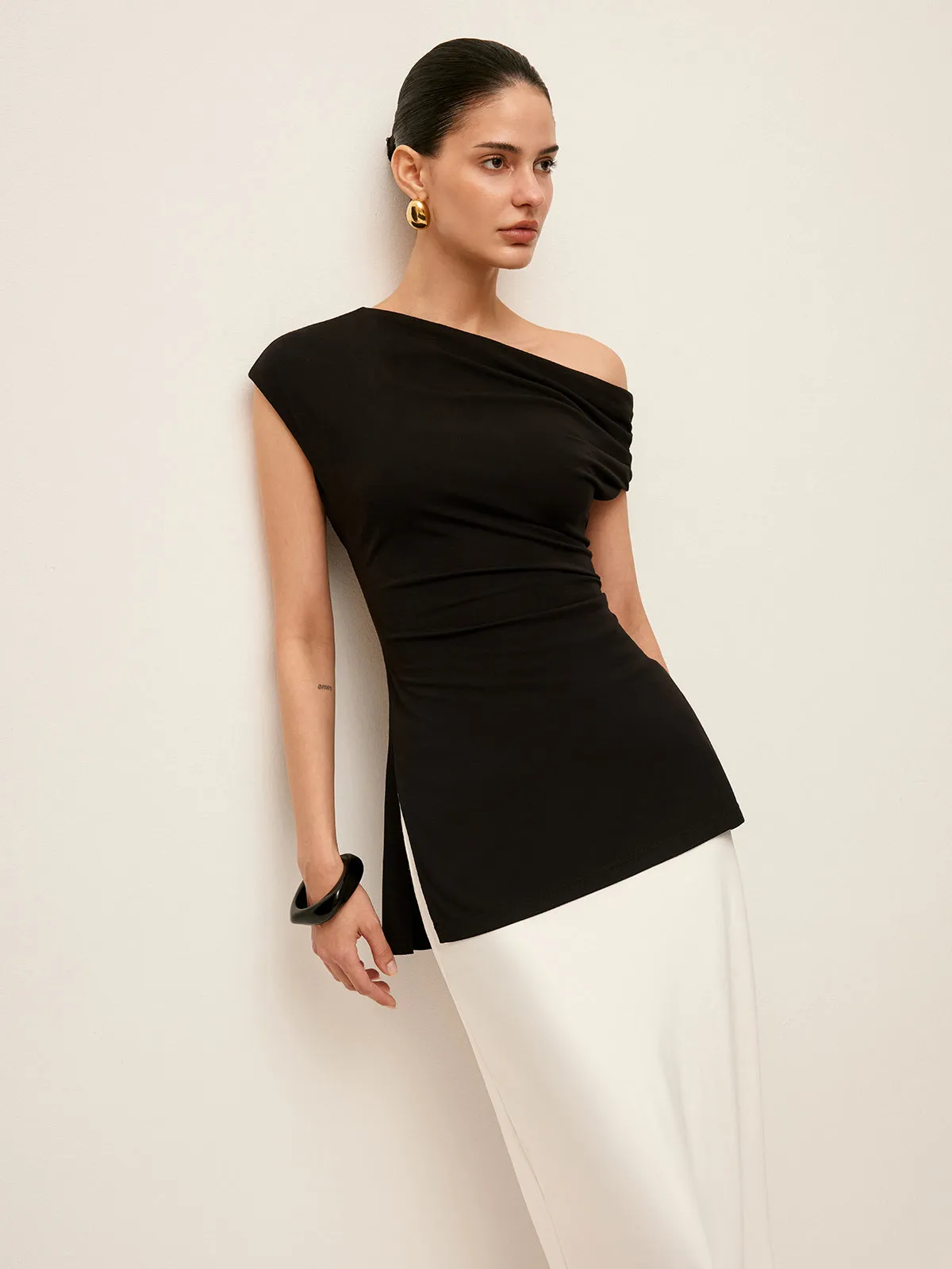 Asymmetrical-Neck Split Blouse sold by COMMENSE product image thumbnail 2