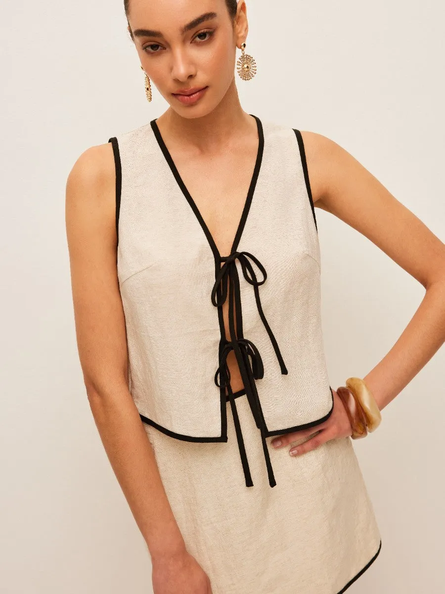 Cotton & Linen Contrast Trim V-Neck Skirt Set sold by COMMENSE product image thumbnail 3