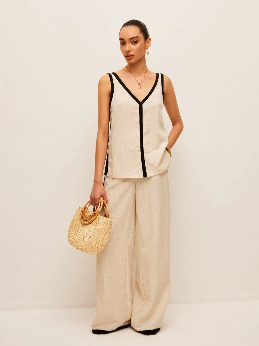 Cotton & Linen Contrast Trim V-Neck Pants Set sold by COMMENSE product image thumbnail 2