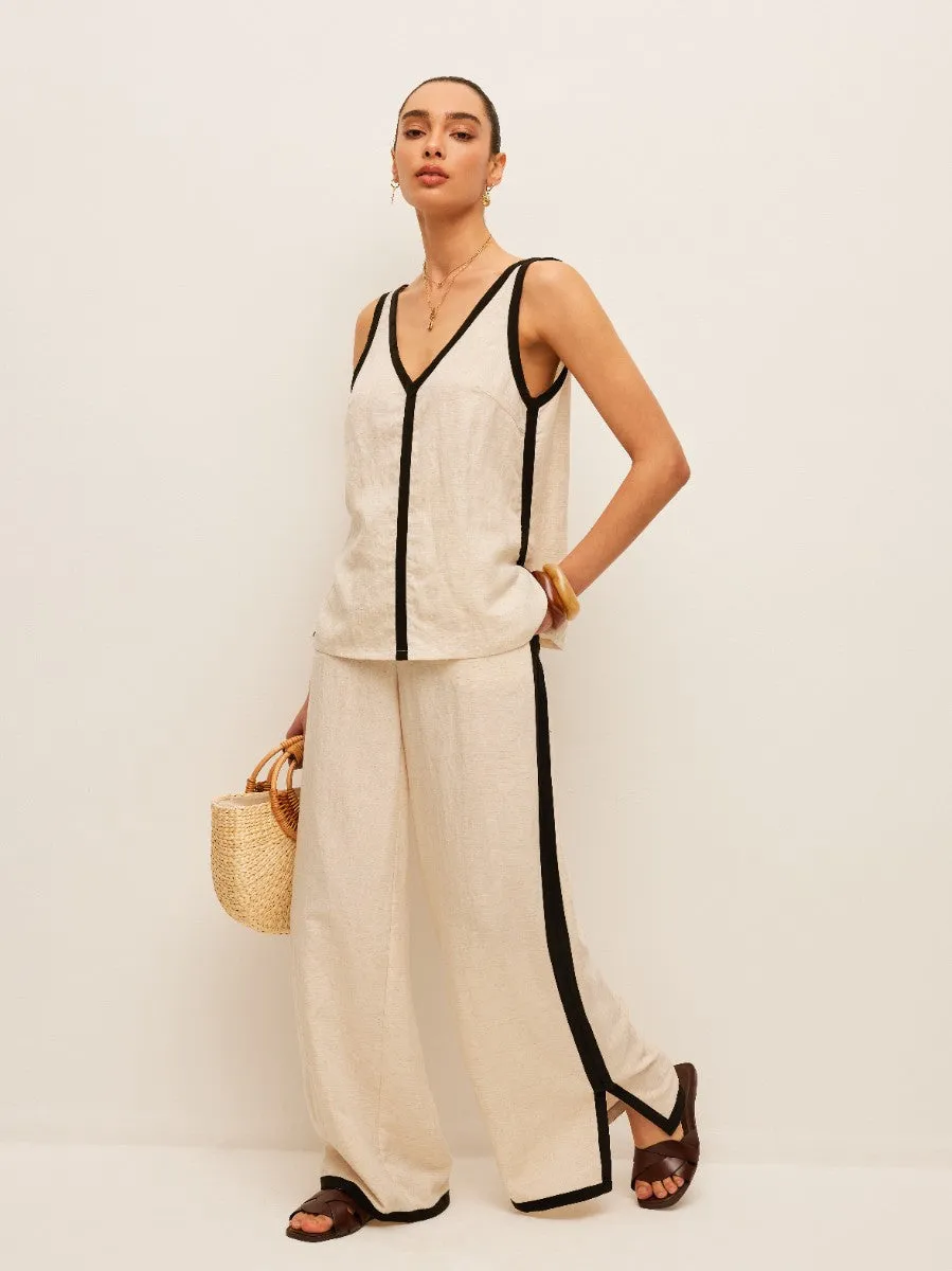 Cotton & Linen Contrast Trim V-Neck Pants Set sold by COMMENSE