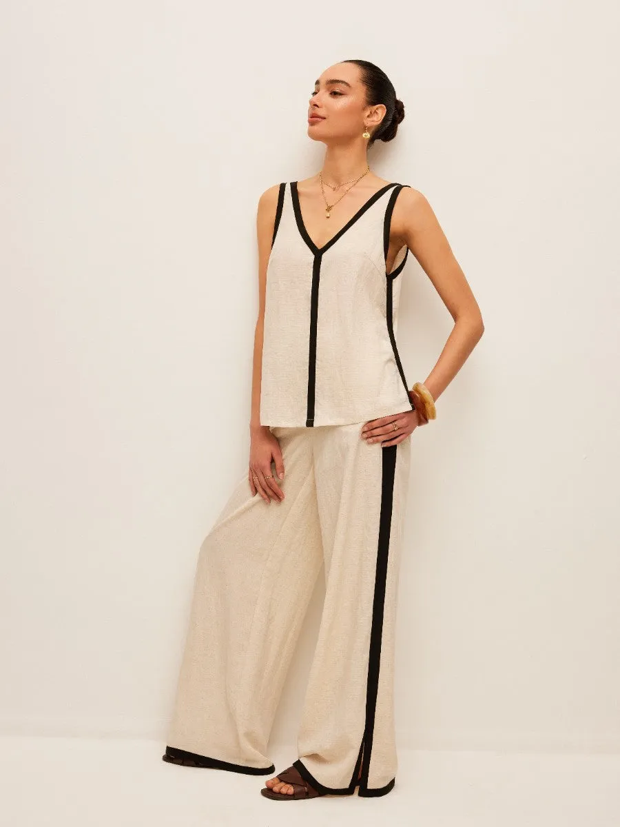 Cotton & Linen Contrast Trim V-Neck Pants Set sold by COMMENSE product image thumbnail 3