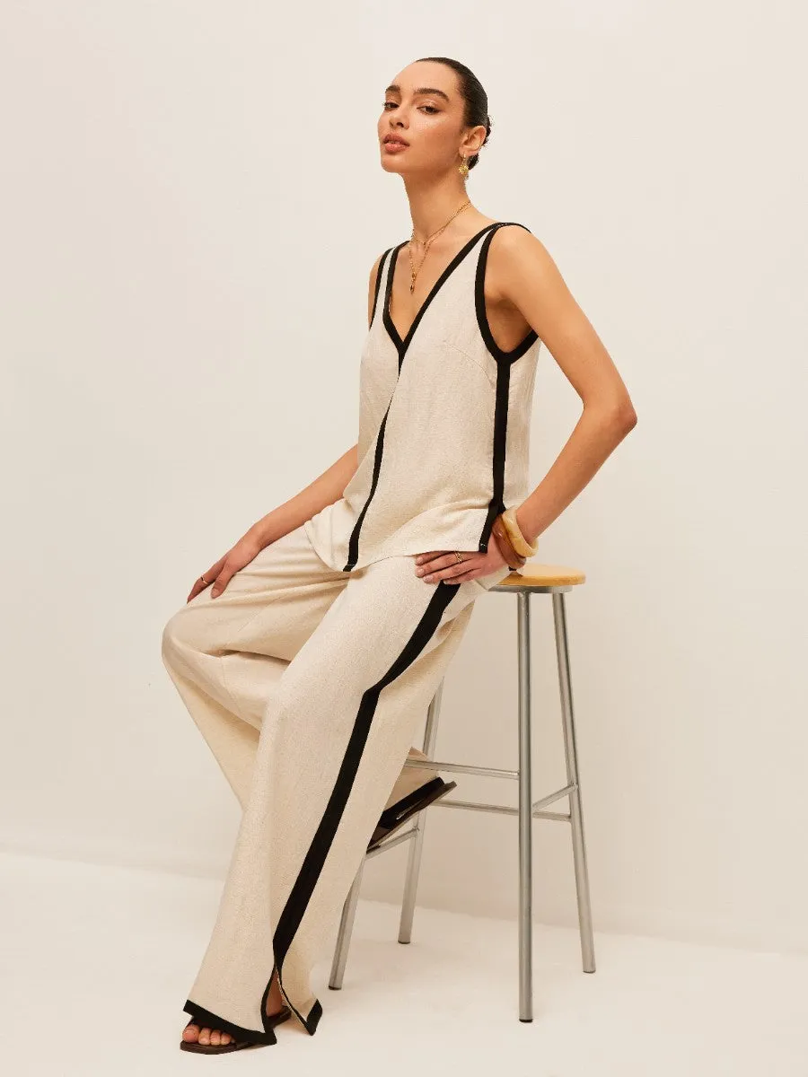 Cotton & Linen Contrast Trim V-Neck Pants Set sold by COMMENSE product image thumbnail 4