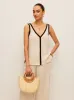 Cotton & Linen Contrast Trim V-Neck Pants Set sold by COMMENSE