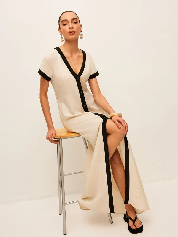 Cotton & Linen High-Slit Contrast Trim Dress sold by COMMENSE