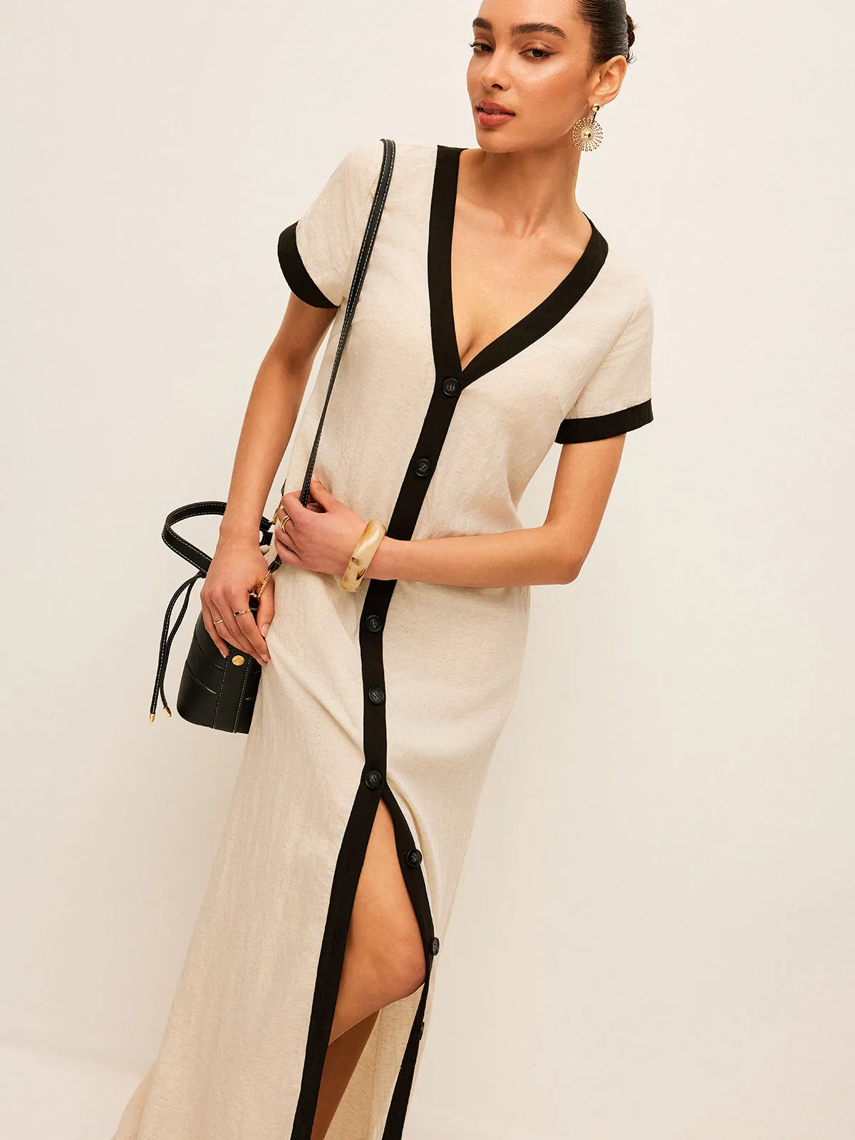Cotton & Linen High-Slit Contrast Trim Dress sold by COMMENSE product image thumbnail 2