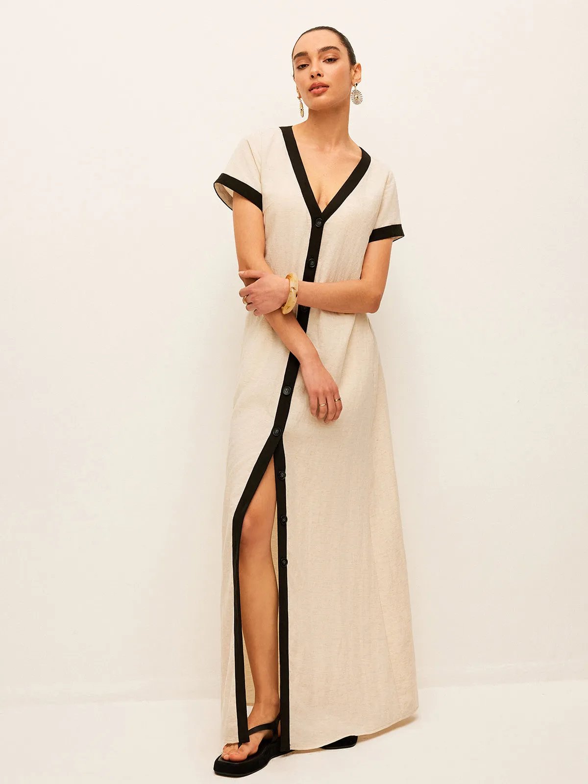 Cotton & Linen High-Slit Contrast Trim Dress sold by COMMENSE product image thumbnail 3