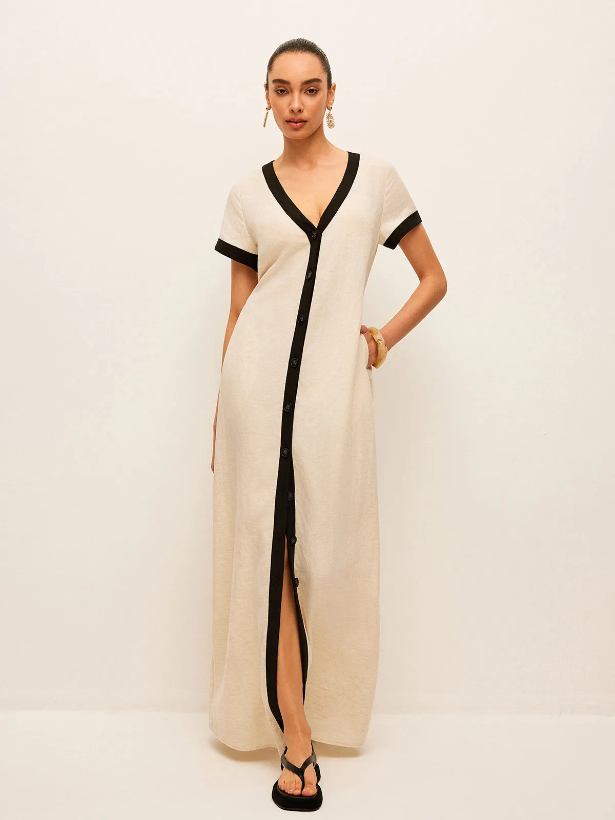 Cotton & Linen High-Slit Contrast Trim Dress sold by COMMENSE product image thumbnail 5