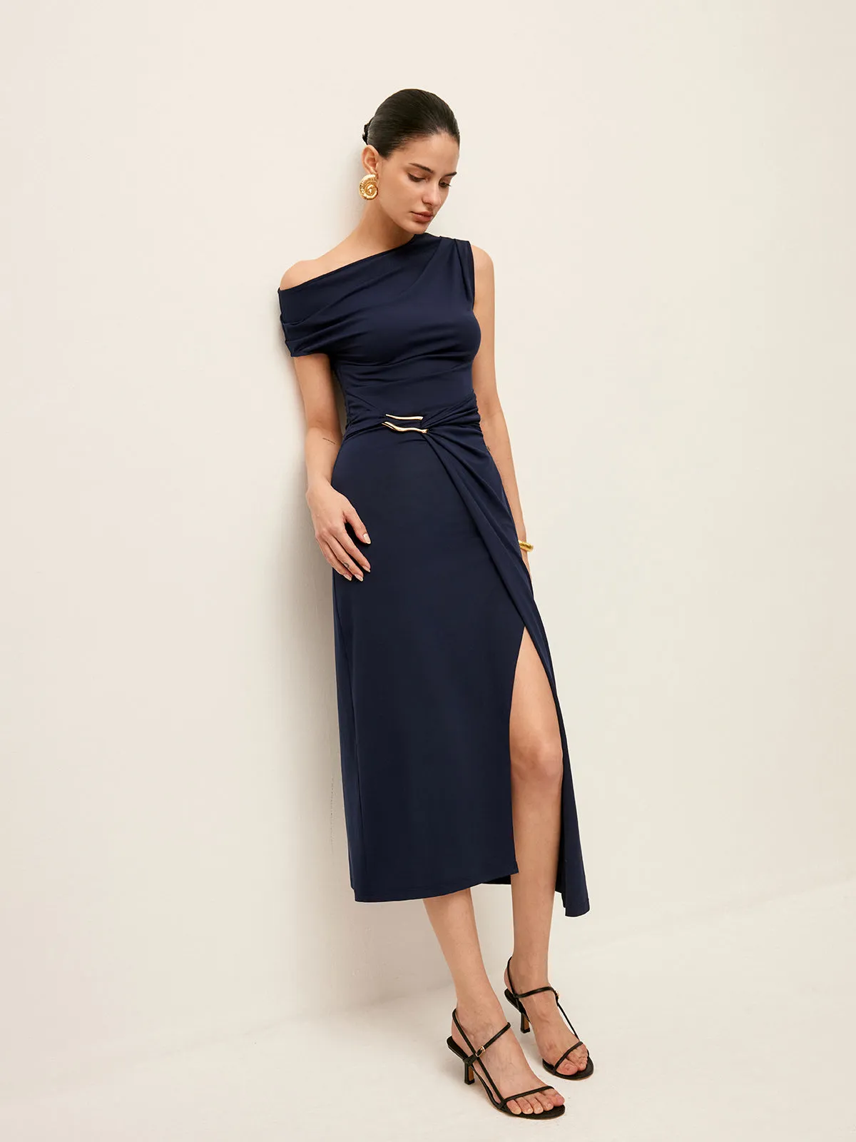 Asymmetrical Neck Metal Waist-Belt Dress sold by COMMENSE product image thumbnail 2