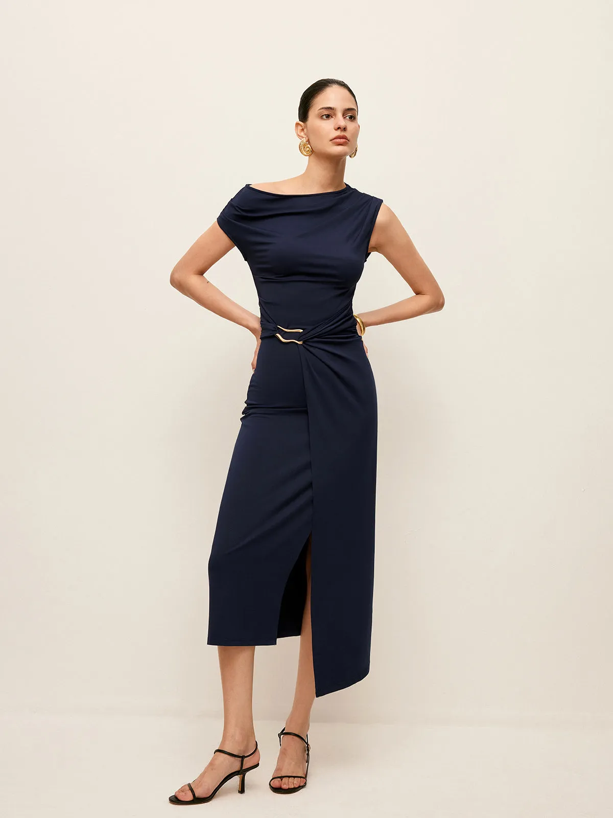 Asymmetrical Neck Metal Waist-Belt Dress sold by COMMENSE product image thumbnail 5