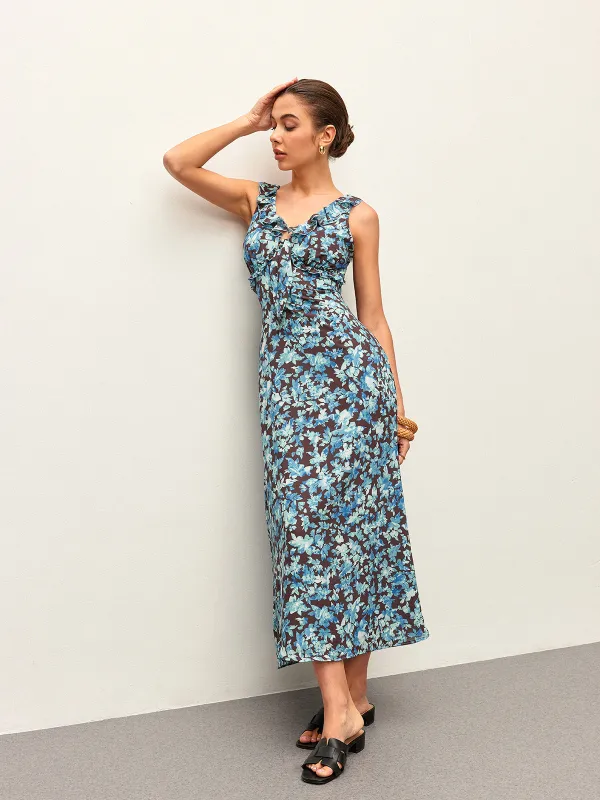 Floral Lettuce Trim V-Neck Zipper Dress sold by COMMENSE