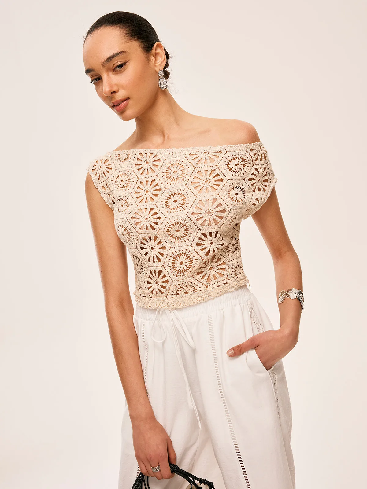 Asymmetrical Off-Shoulder Semi-Sheer Crochet Top sold by COMMENSE product image thumbnail 4
