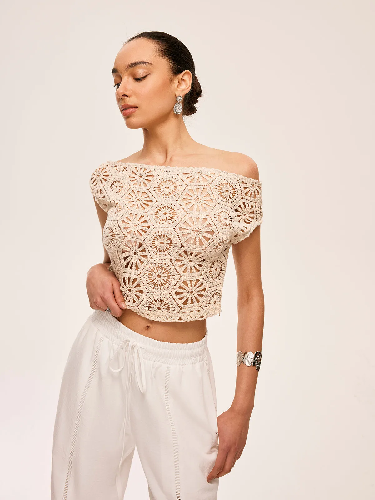 Asymmetrical Off-Shoulder Semi-Sheer Crochet Top sold by COMMENSE product image thumbnail 5