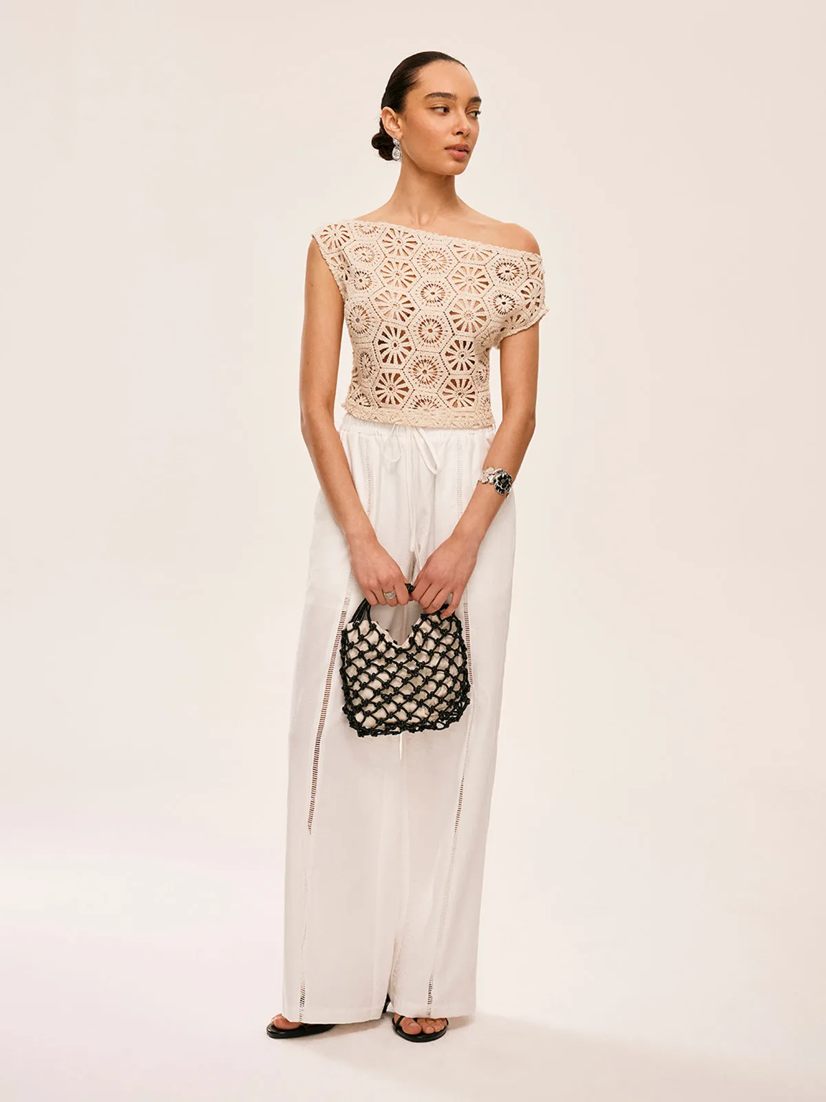 Asymmetrical Off-Shoulder Semi-Sheer Crochet Top sold by COMMENSE product image thumbnail 2