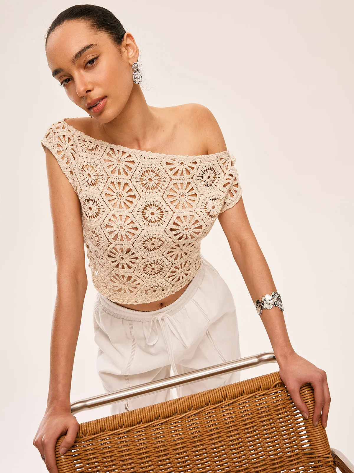 Asymmetrical Off-Shoulder Semi-Sheer Crochet Top sold by COMMENSE product image thumbnail 3
