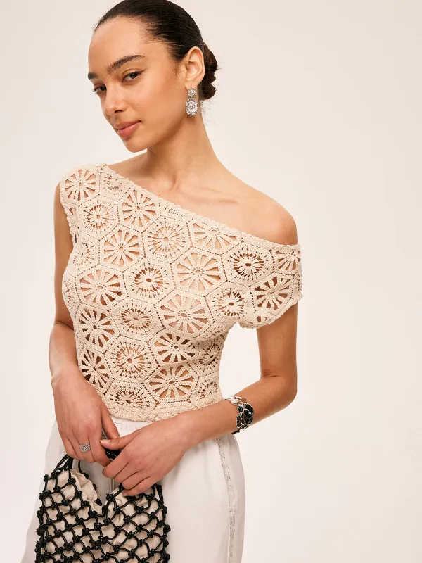 Asymmetrical Off-Shoulder Semi-Sheer Crochet Top sold by COMMENSE