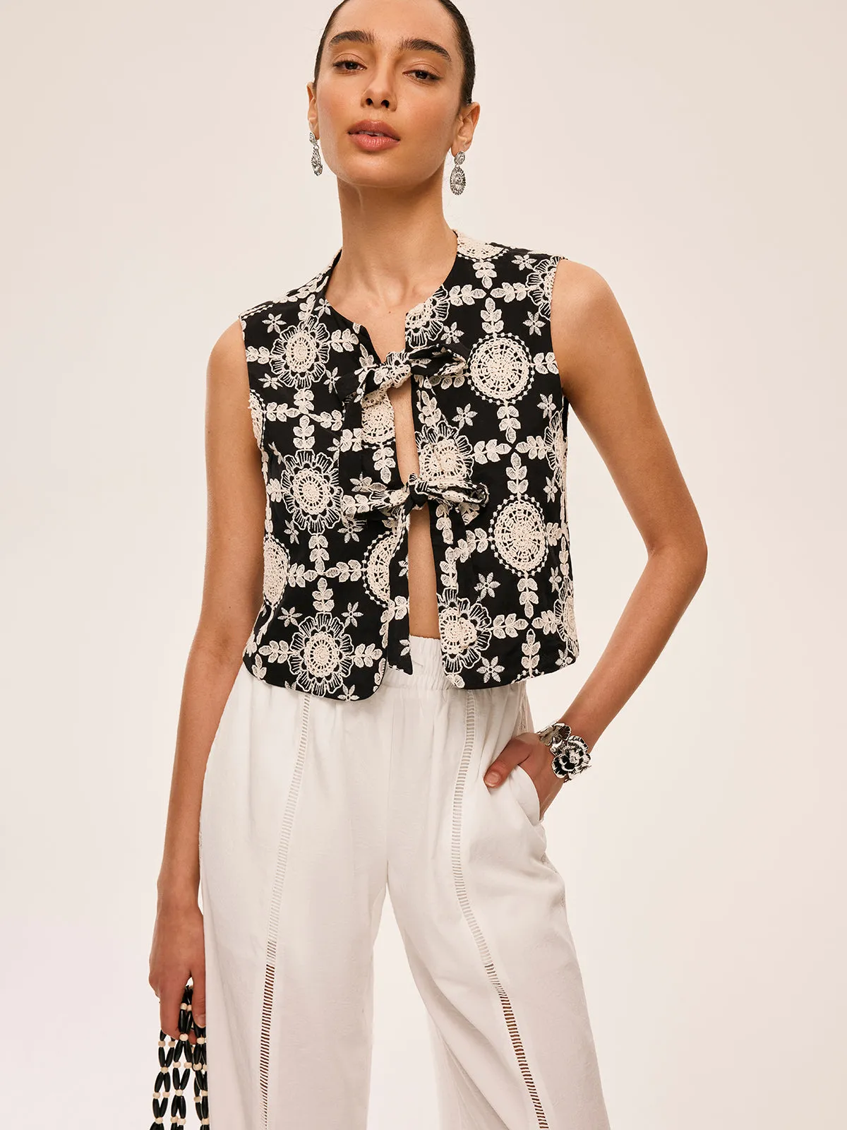 Embroidered Cotton Tie-Front Vest sold by COMMENSE