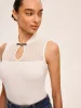 Mesh Detail Keyhole Neck Ribbed Top sold by COMMENSE