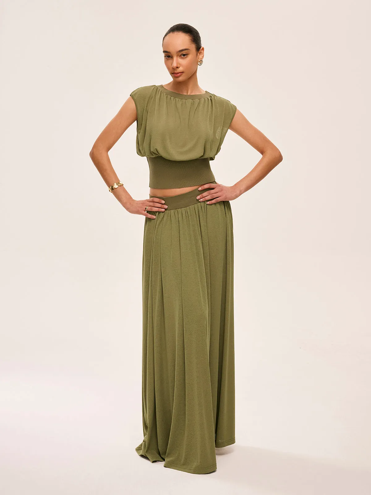 Gathered Waist Top With Flowy Skirt Set sold by COMMENSE product image thumbnail 2