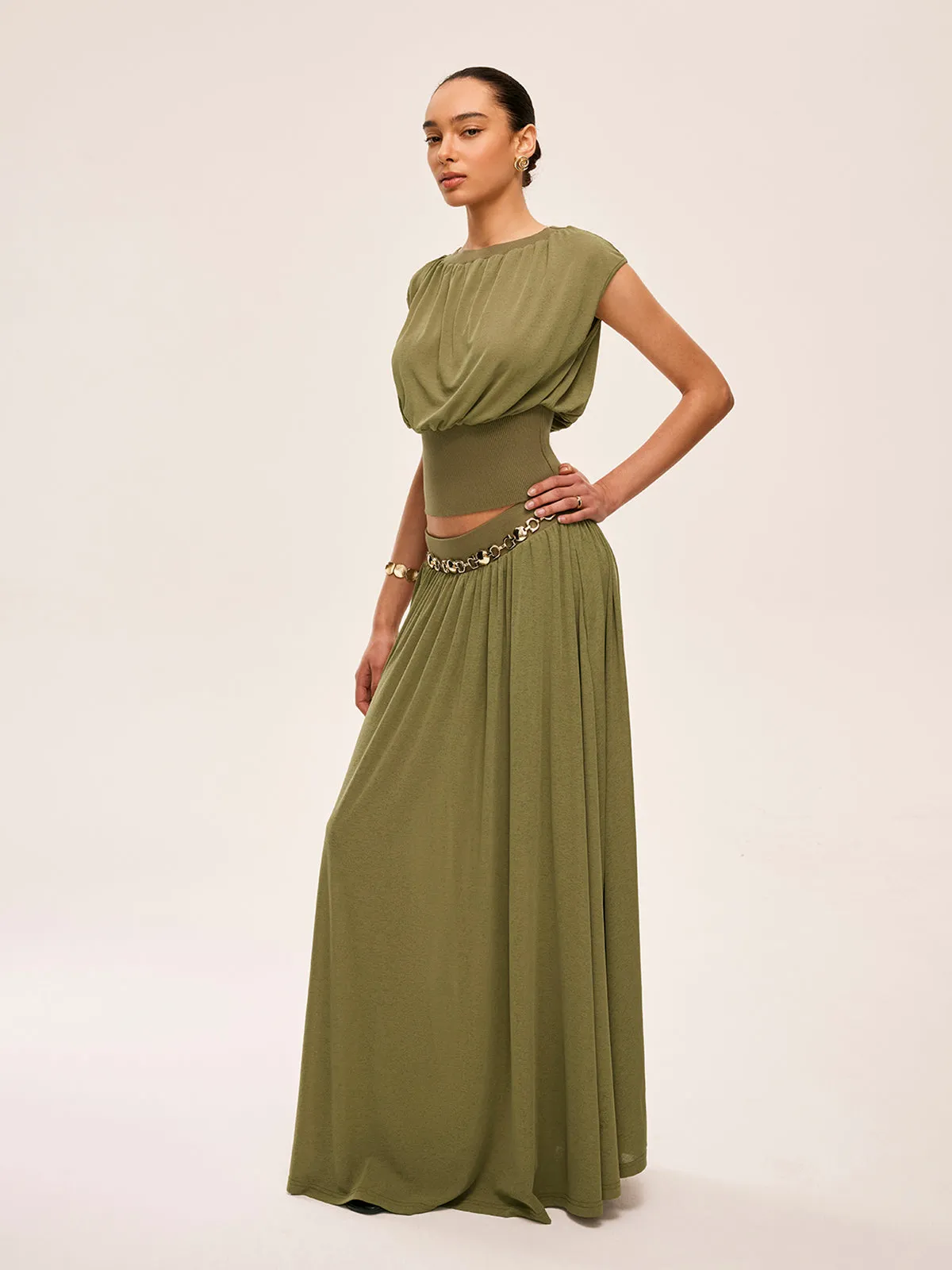 Gathered Waist Top With Flowy Skirt Set sold by COMMENSE product image thumbnail 5