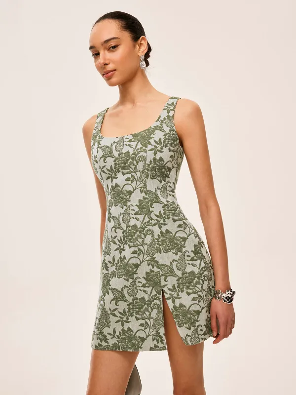 Floral Print Square Neck Dress With Side Slit sold by COMMENSE