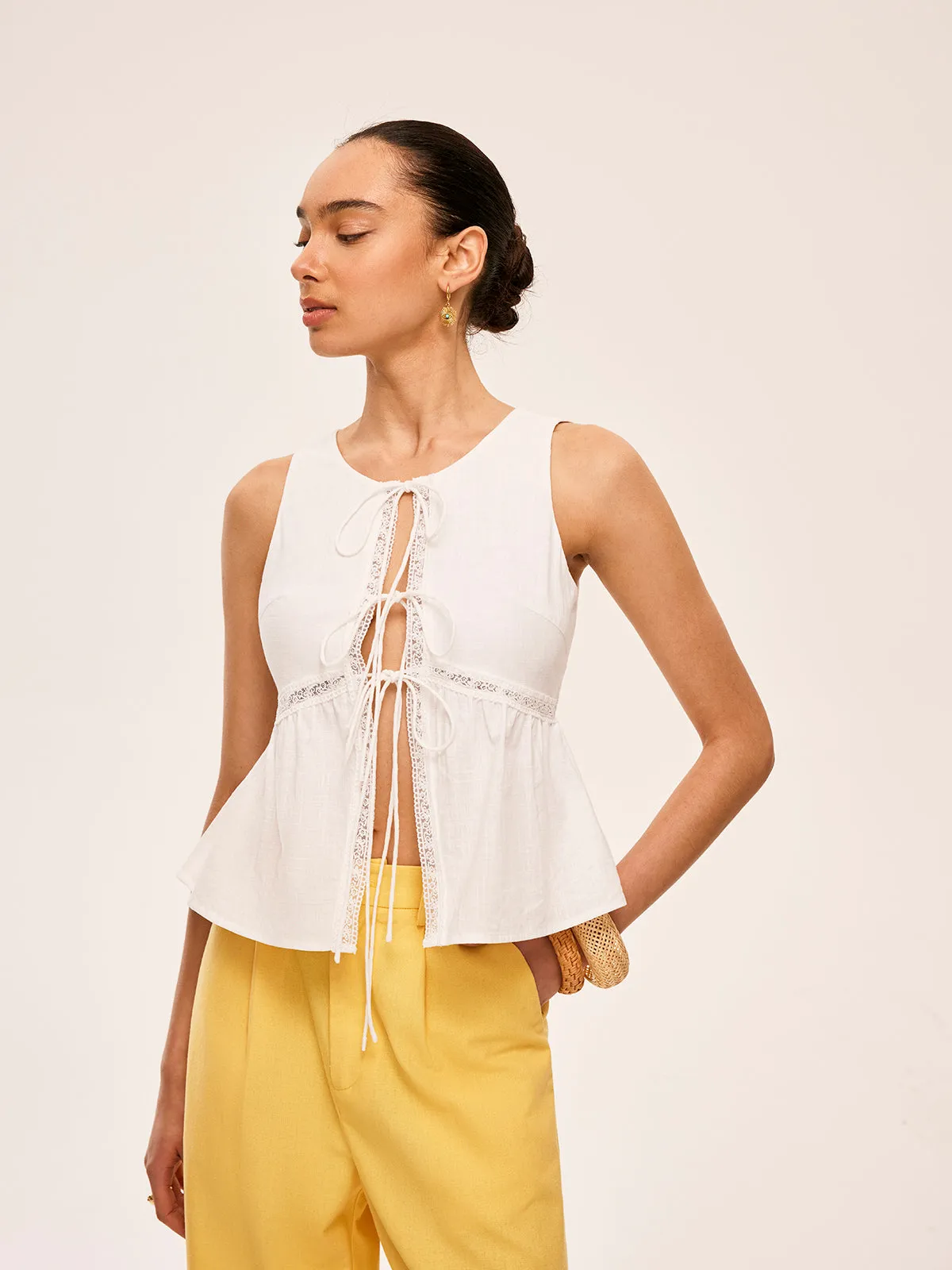 Cotton Lace-Up Detail Semi-Sheer Top sold by COMMENSE