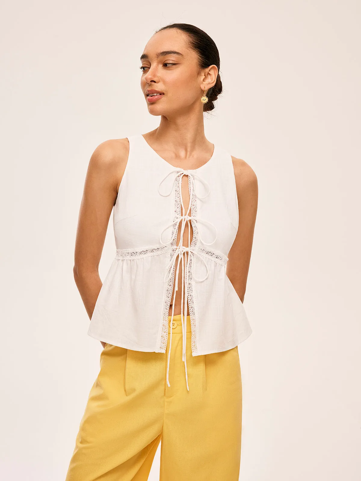 Cotton Lace-Up Detail Semi-Sheer Top sold by COMMENSE product image thumbnail 4