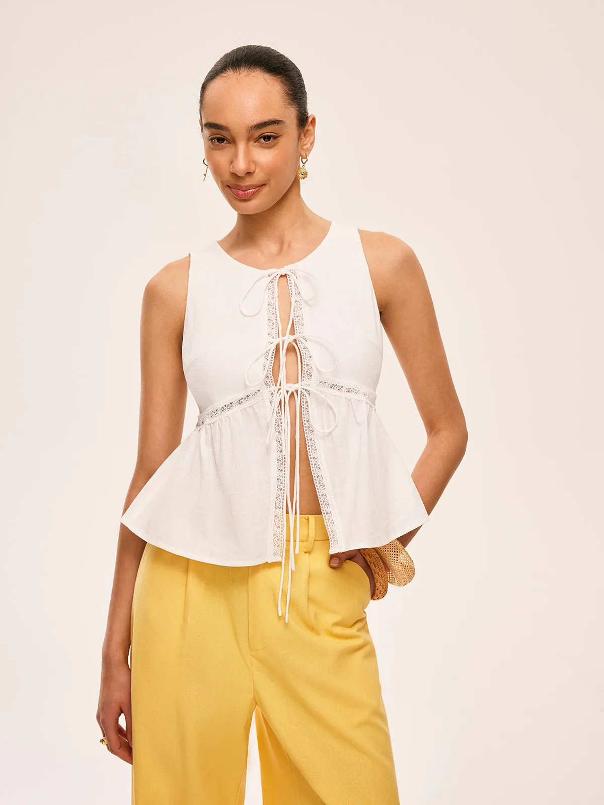 Cotton Lace-Up Detail Semi-Sheer Top sold by COMMENSE product image thumbnail 5