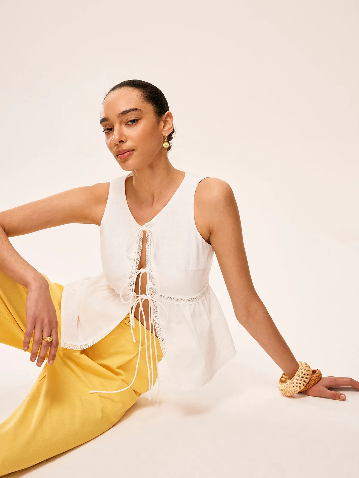 Cotton Lace-Up Detail Semi-Sheer Top sold by COMMENSE product image thumbnail 2