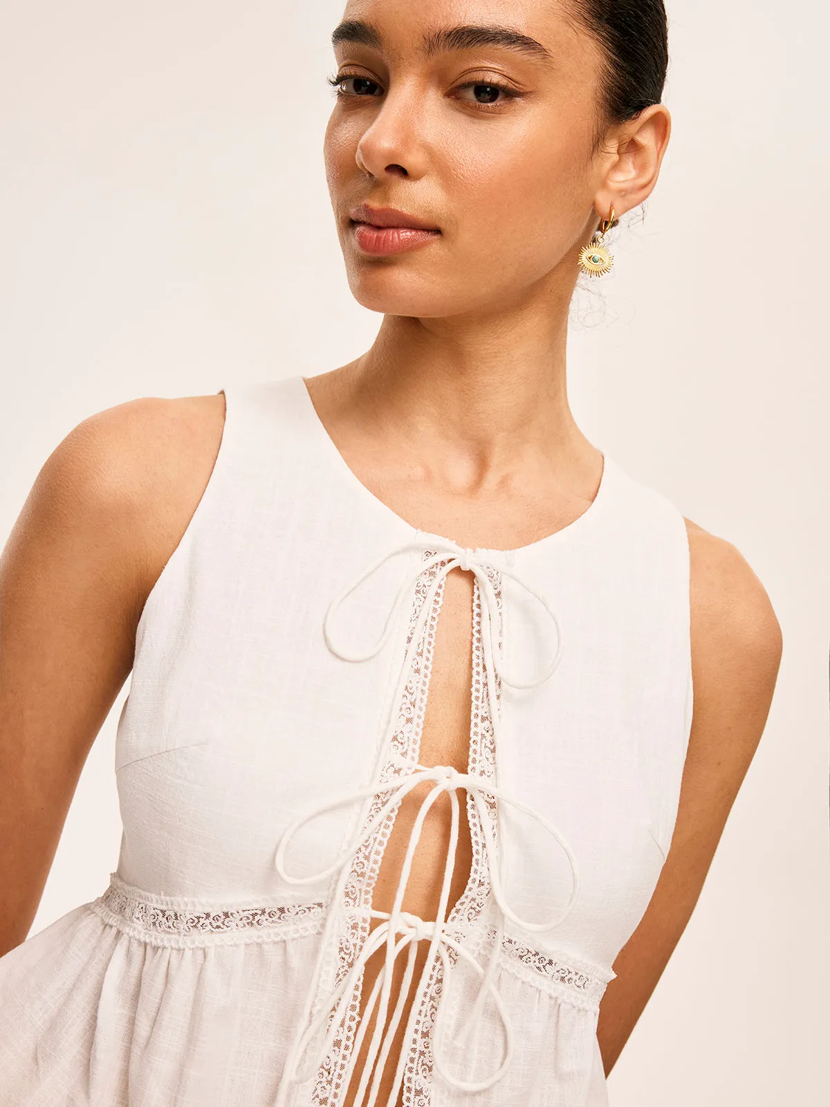 Cotton Lace-Up Detail Semi-Sheer Top sold by COMMENSE product image thumbnail 3