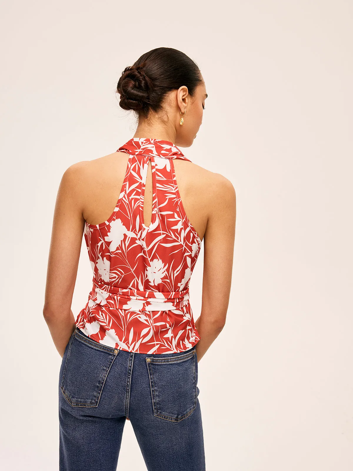 Floral Halter Neck Tie Waist Top sold by COMMENSE product image thumbnail 3