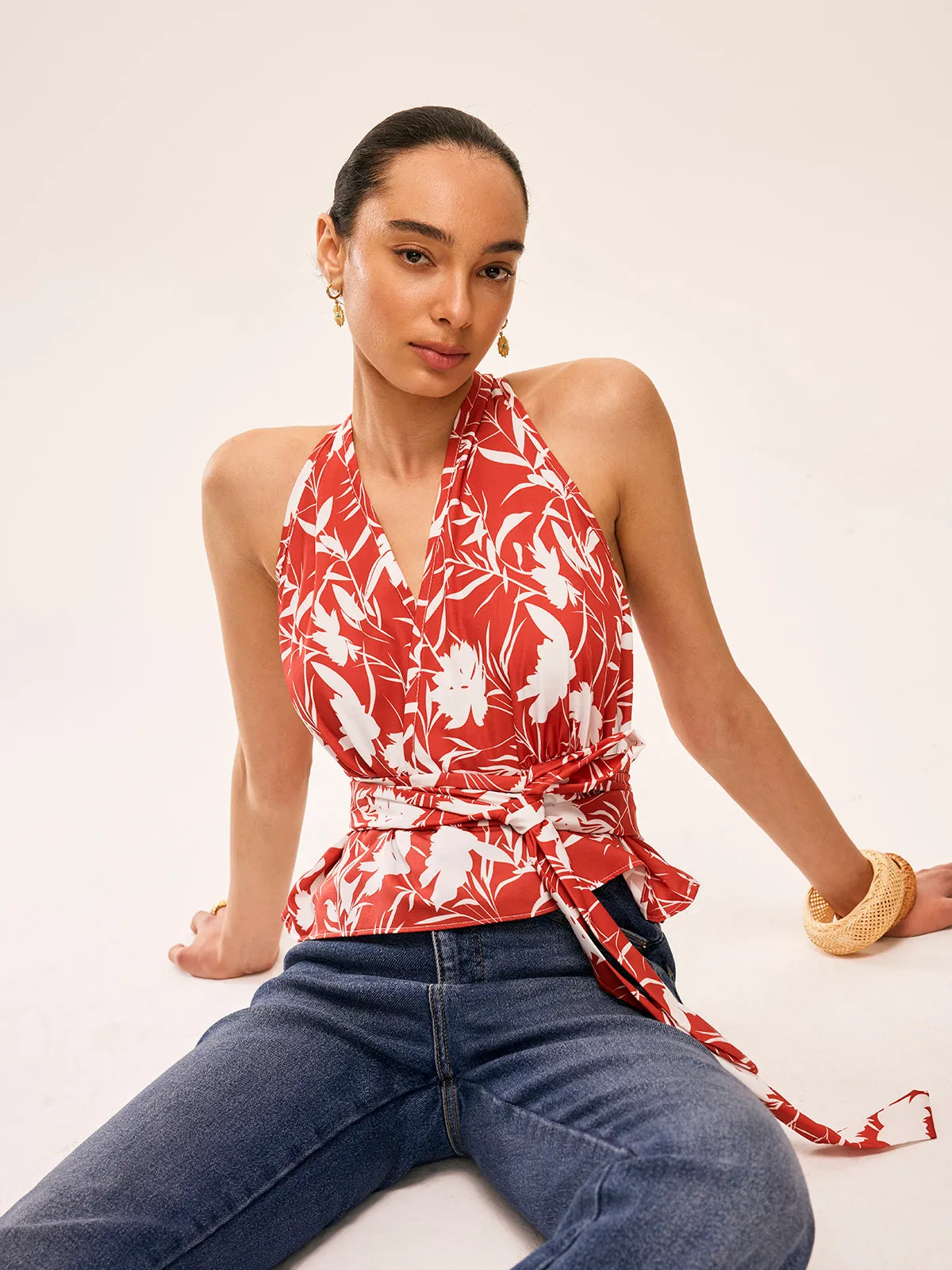 Floral Halter Neck Tie Waist Top sold by COMMENSE