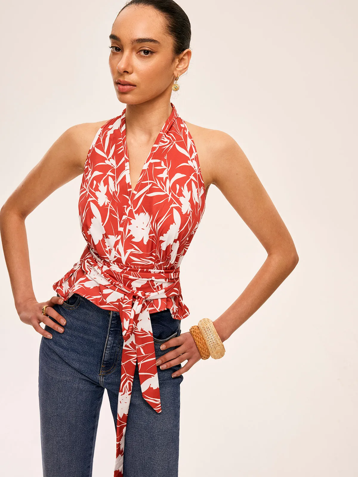 Floral Halter Neck Tie Waist Top sold by COMMENSE product image thumbnail 5