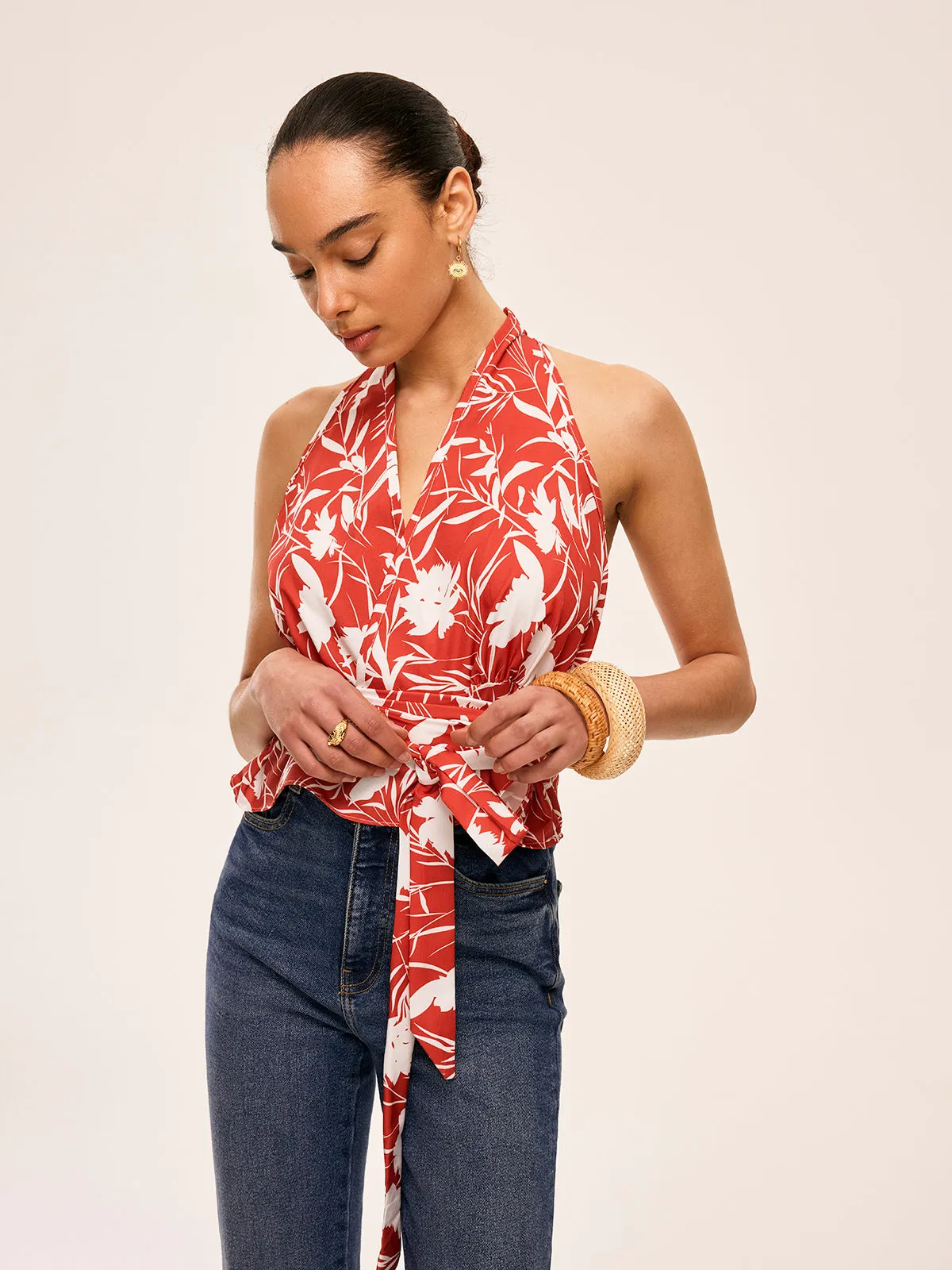 Floral Halter Neck Tie Waist Top sold by COMMENSE product image thumbnail 4