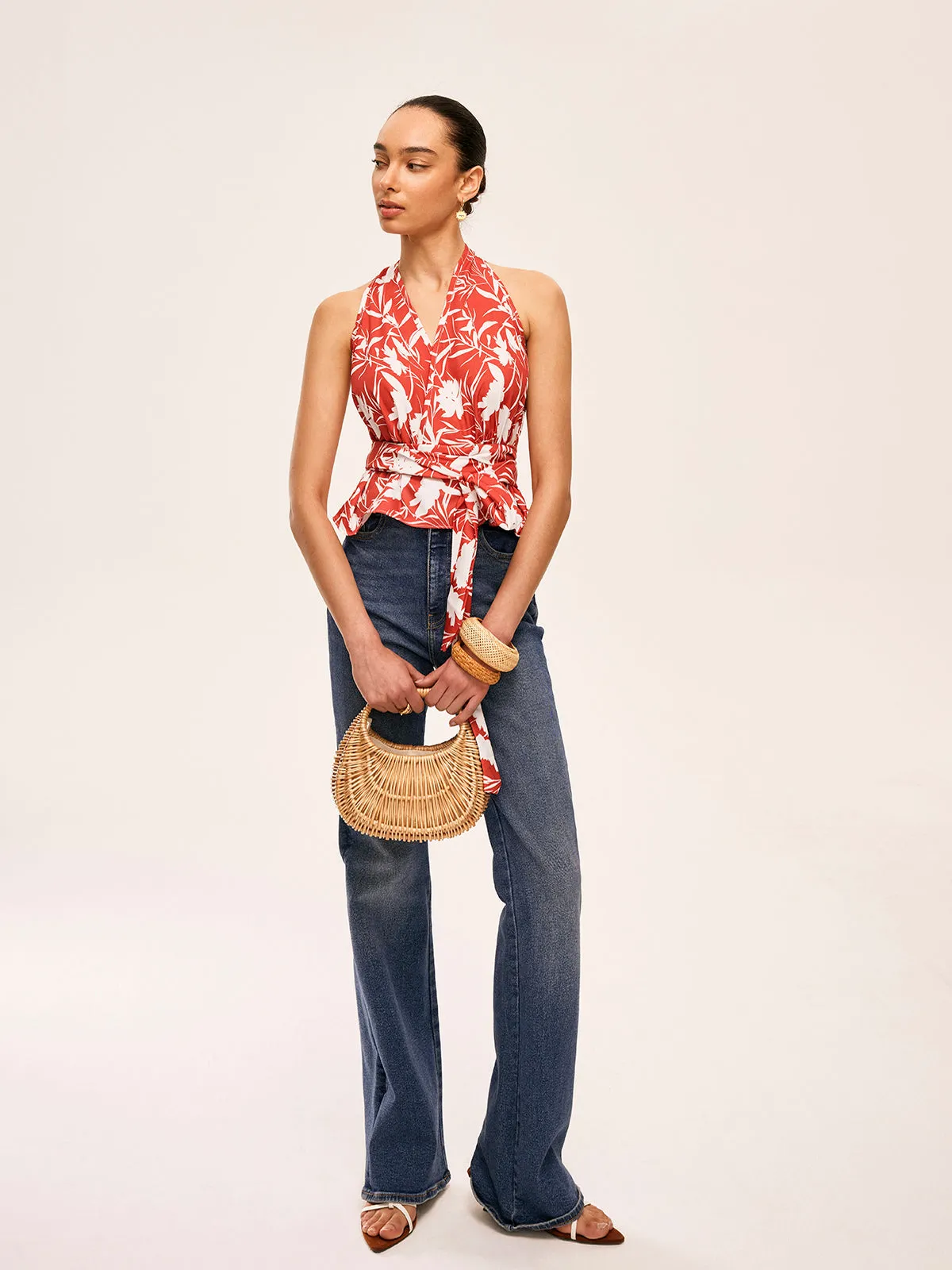 Floral Halter Neck Tie Waist Top sold by COMMENSE product image thumbnail 2