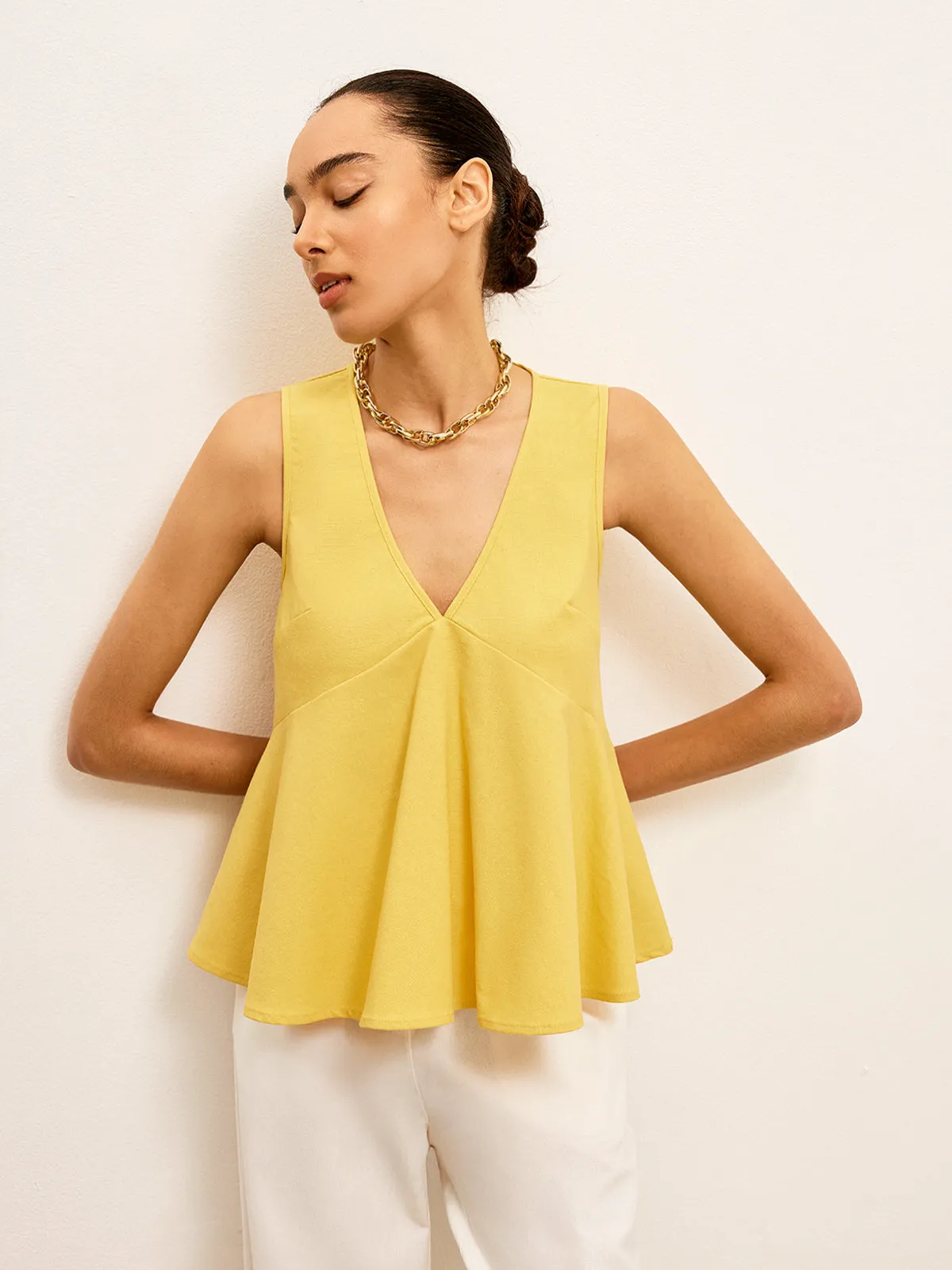 Cotton & Linen V-Neck Peplum Top sold by COMMENSE