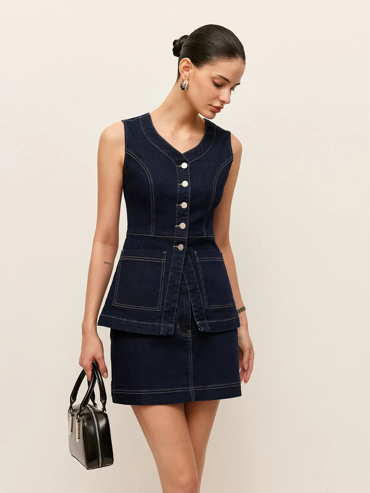 Denim Button-Front Vest With Pockets sold by COMMENSE product image thumbnail 4