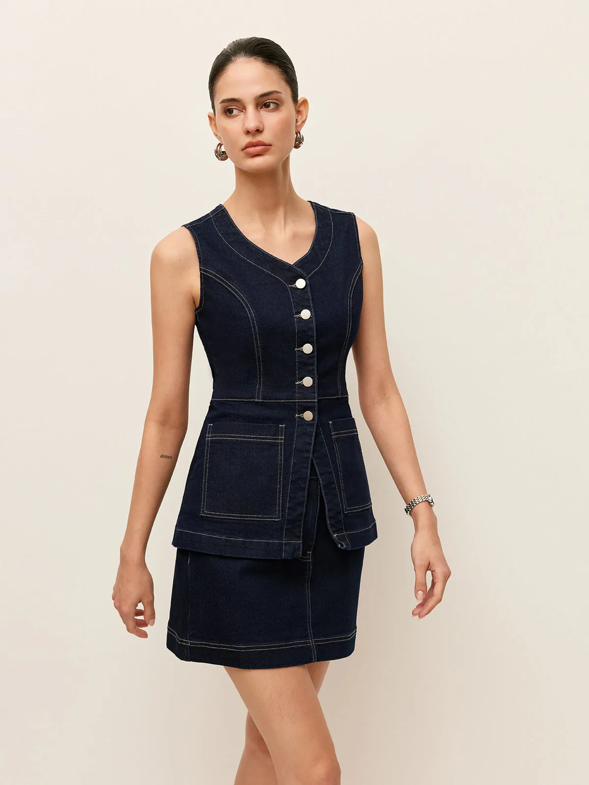 Denim Button-Front Vest With Pockets sold by COMMENSE