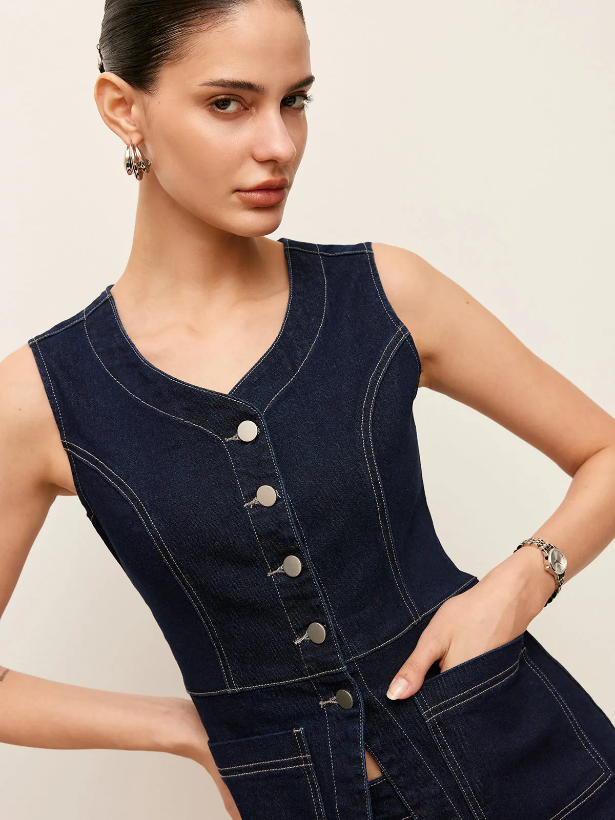 Denim Button-Front Vest With Pockets sold by COMMENSE product image thumbnail 3