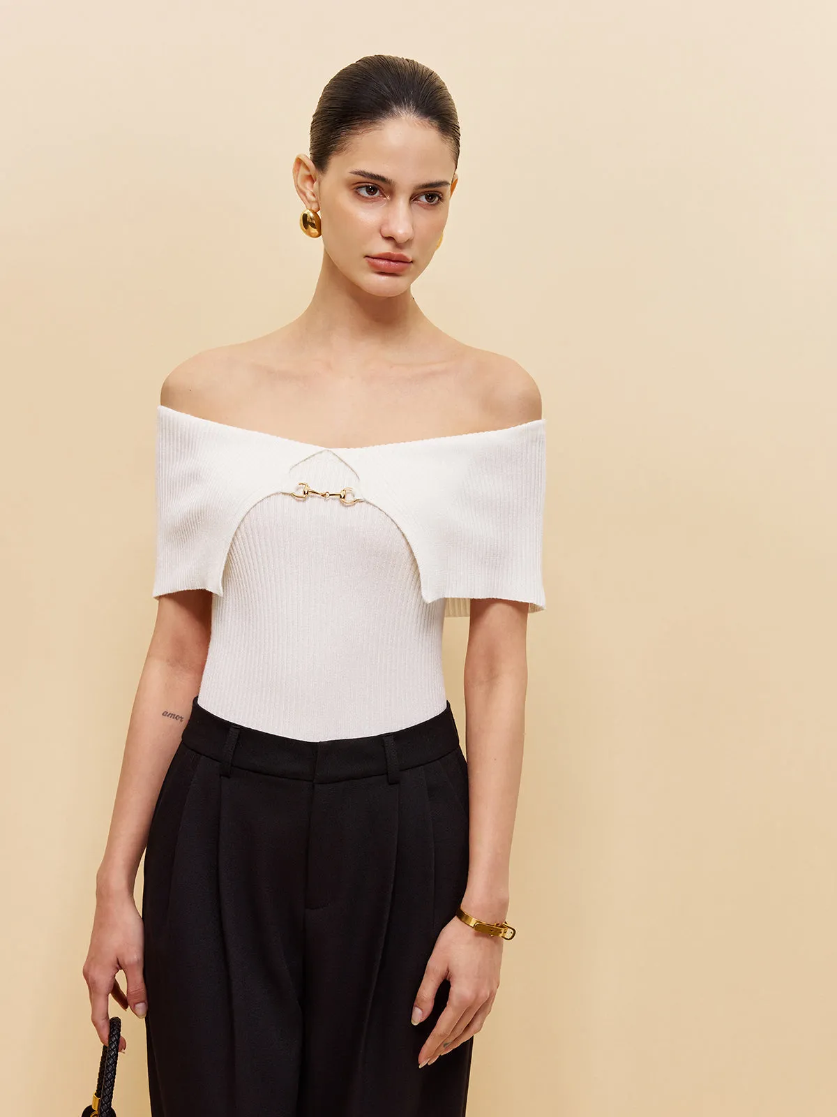 Off-Shoulder Chain Detail Ribbed Knit Top sold by COMMENSE product image thumbnail 4