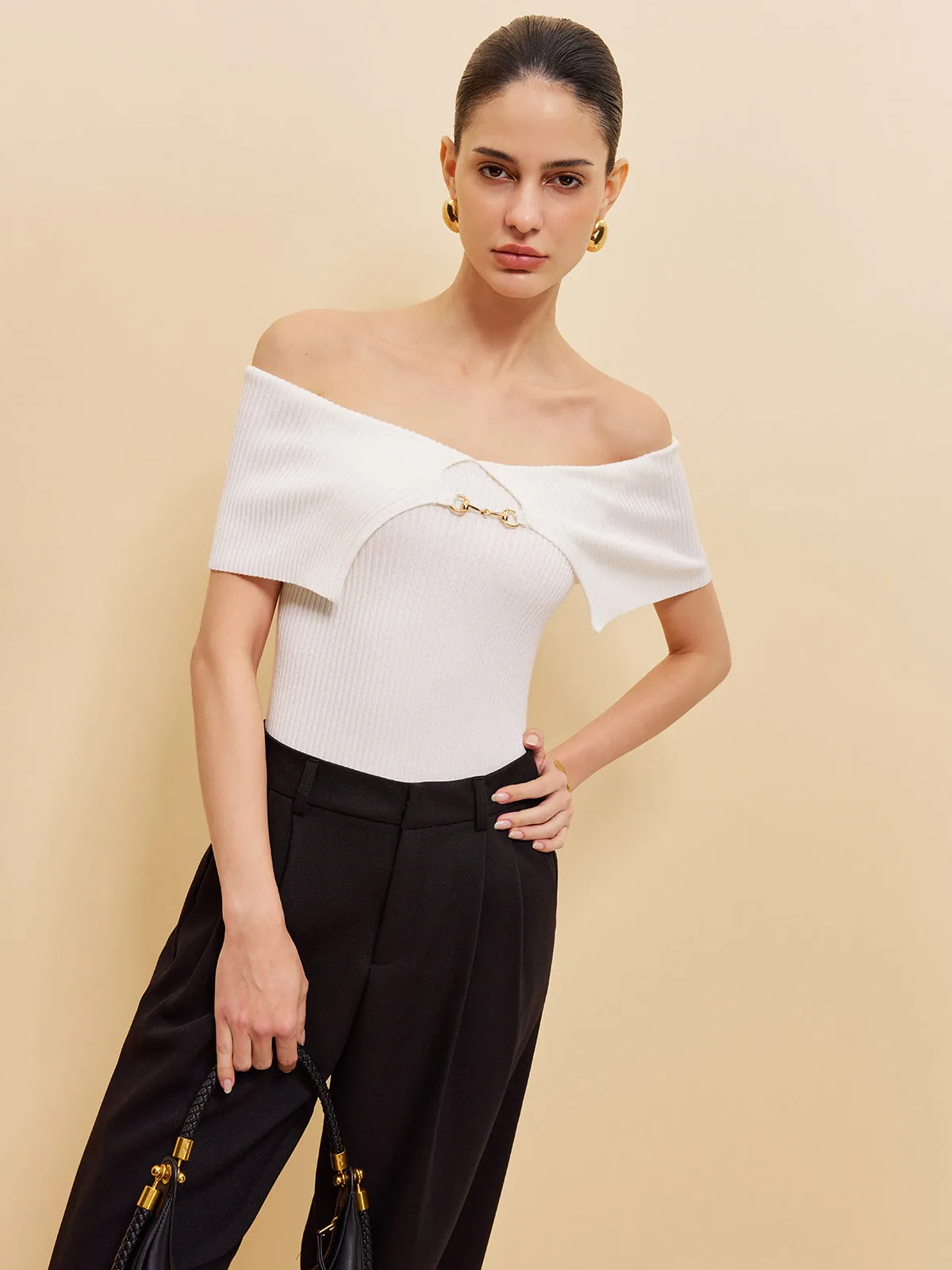Off-Shoulder Chain Detail Ribbed Knit Top sold by COMMENSE product image thumbnail 5