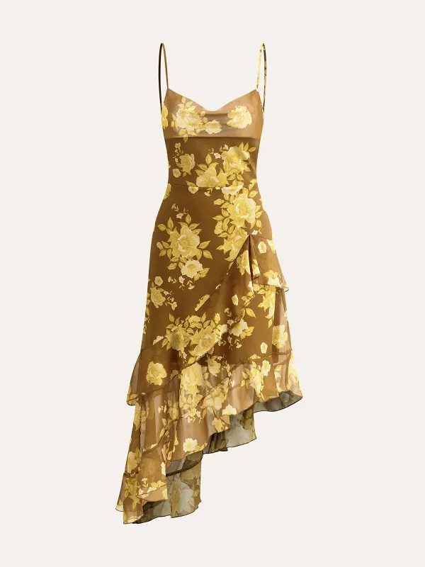 Floral Ruffle Hem Back Tie Cami Dres sold by COMMENSE
