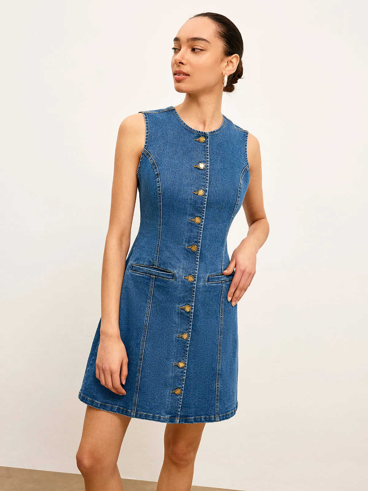 Button Detail Pockets Denim Dress sold by COMMENSE product image thumbnail 5